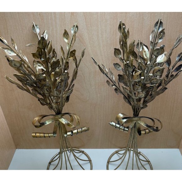 Vintage Gold Metal Candle Holders Set Of 2 - Wheat Design Floral Motif With Bow - Picture 3 of 9